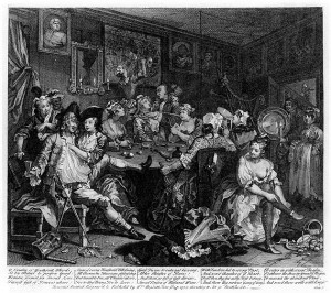 Szene in der Taverne, Kupferstich von William Hogarth